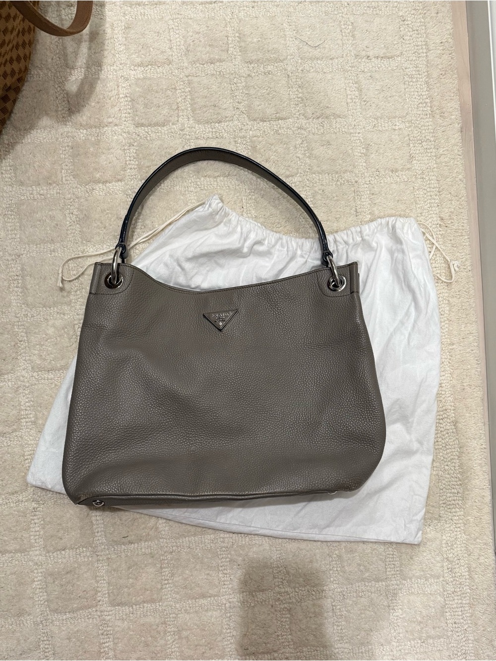 Prada Gray Pebbled Leather Shoulder Bag
